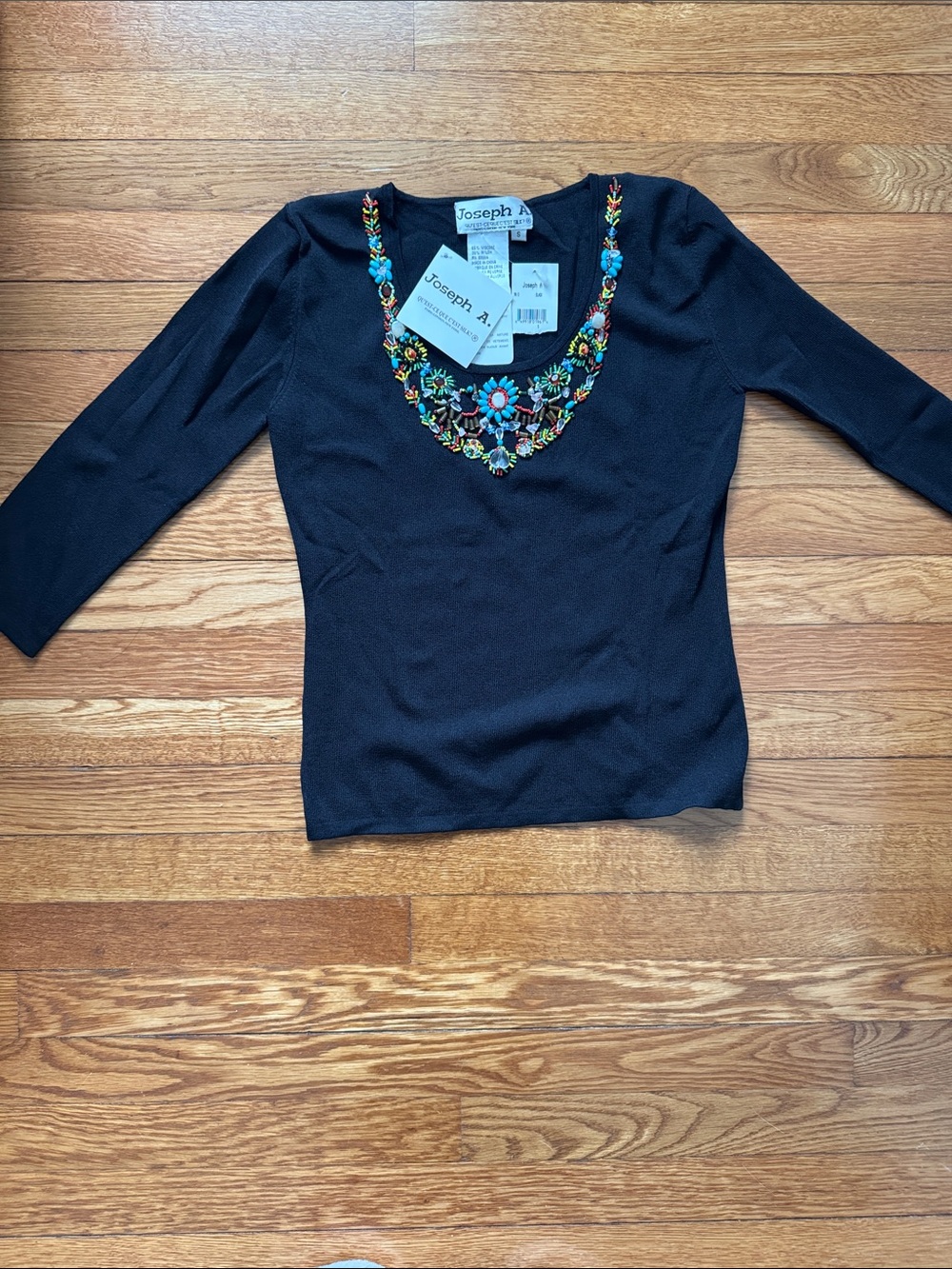 Joseph A. Black 3/4 Sleeve Knit Top with Multicolor Embellished V-Neck